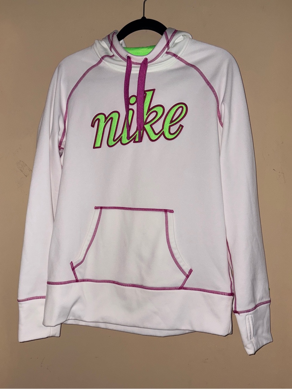 Nike White Hoodie with Neon Green Lined Hood & Purple Drawstrings Unisex Large